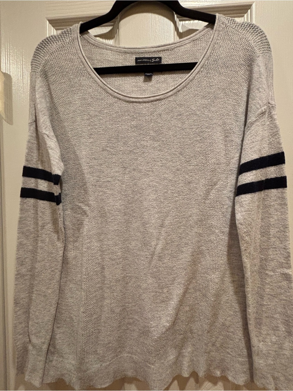 American Eagle Outfitters Light Gray Scoop Neck Sweater with Navy Sleeve Stripes